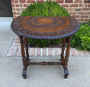 Antique English Table Drop Leaf HIGHLY CARVED Top Oak PETITE Trestle Legs ROUND