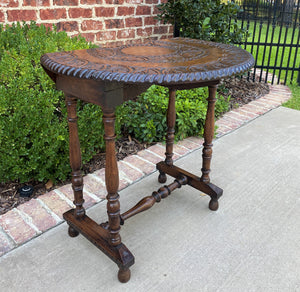 Antique English Table Drop Leaf HIGHLY CARVED Top Oak PETITE Trestle Legs ROUND