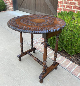 Antique English Table Drop Leaf HIGHLY CARVED Top Oak PETITE Trestle Legs ROUND