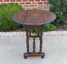 Load image into Gallery viewer, Antique English Table Drop Leaf HIGHLY CARVED Top Oak PETITE Trestle Legs ROUND