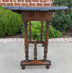 Antique English Table Drop Leaf HIGHLY CARVED Top Oak PETITE Trestle Legs ROUND