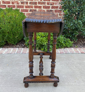 Antique English Table Drop Leaf HIGHLY CARVED Top Oak PETITE Trestle Legs ROUND