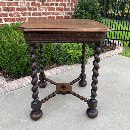 Antique French Side End Table Barley Twist Legs Canted Corners Oak Square Top