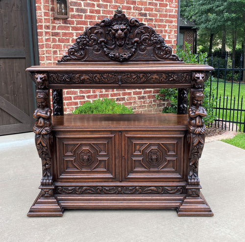 Antique French Server Sideboard Buffet Gothic Revival Oak Lions Mask Figural