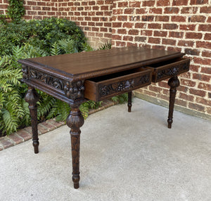 Antique French Renaissance Revival Desk Table with Drawers Carved Oak 19th C