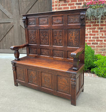 Load image into Gallery viewer, Antique French Bench Settee Oak Lift Top Seat Storage Trunk Gothic Revival