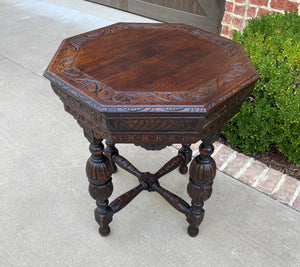 Antique French Table Octagonal Renaissance Revival Carved Oak 19th C