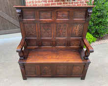 Load image into Gallery viewer, Antique French Bench Settee Oak Lift Top Seat Storage Trunk Gothic Revival