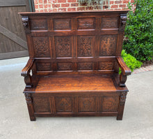 Load image into Gallery viewer, Antique French Bench Settee Oak Lift Top Seat Storage Trunk Gothic Revival