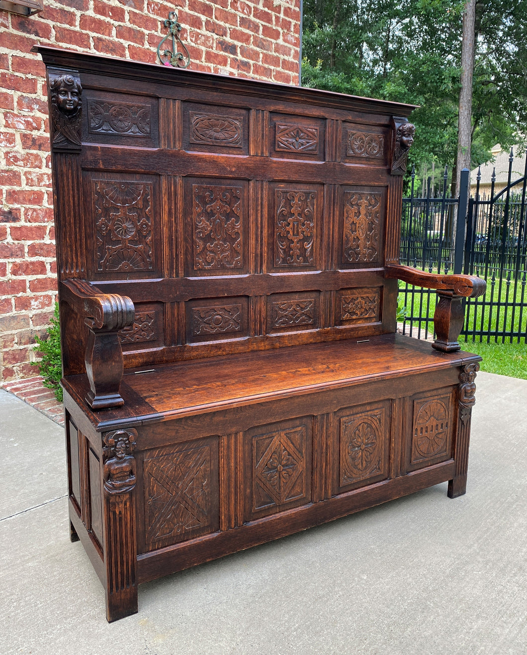 Antique French Bench Settee Oak Lift Top Seat Storage Trunk Gothic Revival