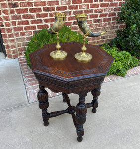 Antique French Table Octagonal Renaissance Revival Carved Oak 19th C