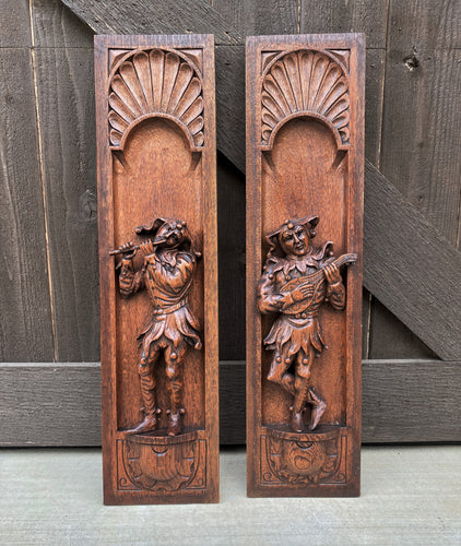 Antique French Wall Plaques Hanging Decor Carved Oak Court Jesters