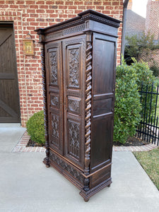 Antique French Gothic Revival Armoire Wardrobe Bookcase Barley Twist Oak Carved