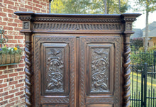 Load image into Gallery viewer, Antique French Gothic Revival Armoire Wardrobe Bookcase Barley Twist Oak Carved
