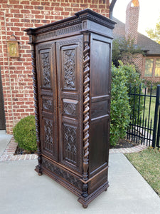 Antique French Gothic Revival Armoire Wardrobe Bookcase Barley Twist Oak Carved
