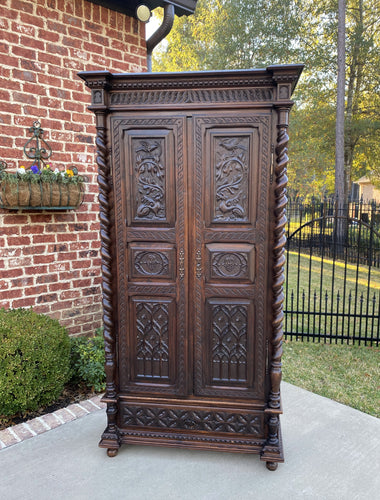 Antique French Gothic Revival Armoire Wardrobe Bookcase Barley Twist Oak Carved