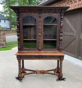 Antique French Bookcase Cabinet Display Barley Twist Stand Carved Oak 19th C