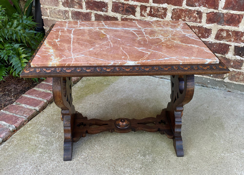 Antique French Coffee Table Bench Settee Marble Top Oak Renaissance Revival