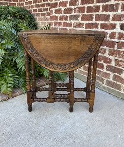 Antique English Table Drop Leaf Gate Leg Carved Top Oval PETITE Oak c. 1920s