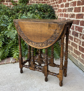 Antique English Table Drop Leaf Gate Leg Carved Top Oval PETITE Oak c. 1920s