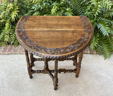 Load image into Gallery viewer, Antique English Table Drop Leaf Gate Leg Carved Top Oval PETITE Oak c. 1920s