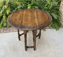 Load image into Gallery viewer, Antique English Table Drop Leaf Gate Leg Carved Top Oval PETITE Oak c. 1920s