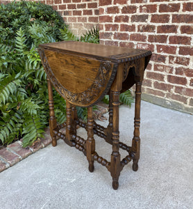 Antique English Table Drop Leaf Gate Leg Carved Top Oval PETITE Oak c. 1920s