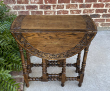 Load image into Gallery viewer, Antique English Table Drop Leaf Gate Leg Carved Top Oval PETITE Oak c. 1920s