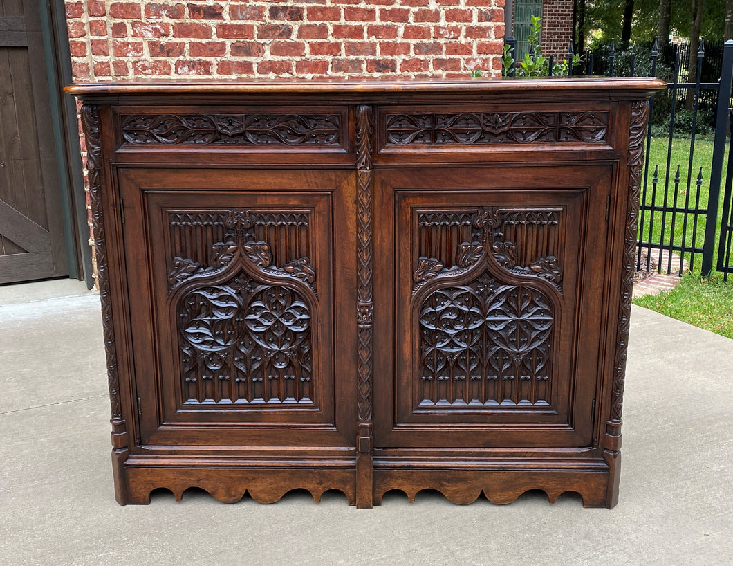 Antique French Sideboard Server Buffet Cabinet Gothic Revival Walnut 44