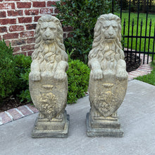 Load image into Gallery viewer, Vintage English Statues Garden Figures LIONS Shield Cast Stone PAIR 32&quot; #1