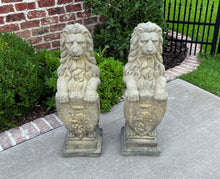 Load image into Gallery viewer, Vintage English Statues Garden Figures LIONS Shield Cast Stone PAIR 32&quot; #1