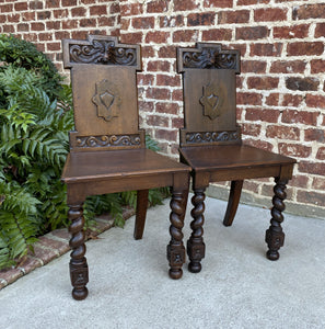 Antique English PAIR Chairs BARLEY TWIST Carved Shields GOTHIC Oak 19th C