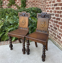 Load image into Gallery viewer, Antique English PAIR Chairs BARLEY TWIST Carved Shields GOTHIC Oak 19th C