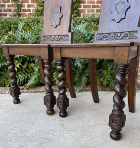 Antique English PAIR Chairs BARLEY TWIST Carved Shields GOTHIC Oak 19th C