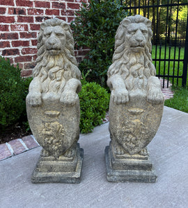 Vintage English Statues Garden Figures LIONS Shield Cast Stone PAIR 32" #1