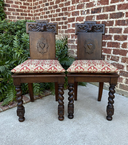 Antique English PAIR Chairs BARLEY TWIST Carved Shields GOTHIC Oak 19th C