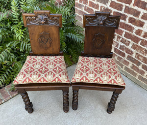 Antique English PAIR Chairs BARLEY TWIST Carved Shields GOTHIC Oak 19th C