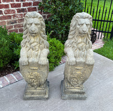 Load image into Gallery viewer, Vintage English Statues Garden Figures LIONS Shield Cast Stone PAIR 32&quot; #1