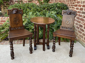 Antique English PAIR Chairs BARLEY TWIST Carved Shields GOTHIC Oak 19th C