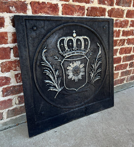 Antique French Cast Iron Fireback Fireplace Hearth Crown Armorial Coat of Arms