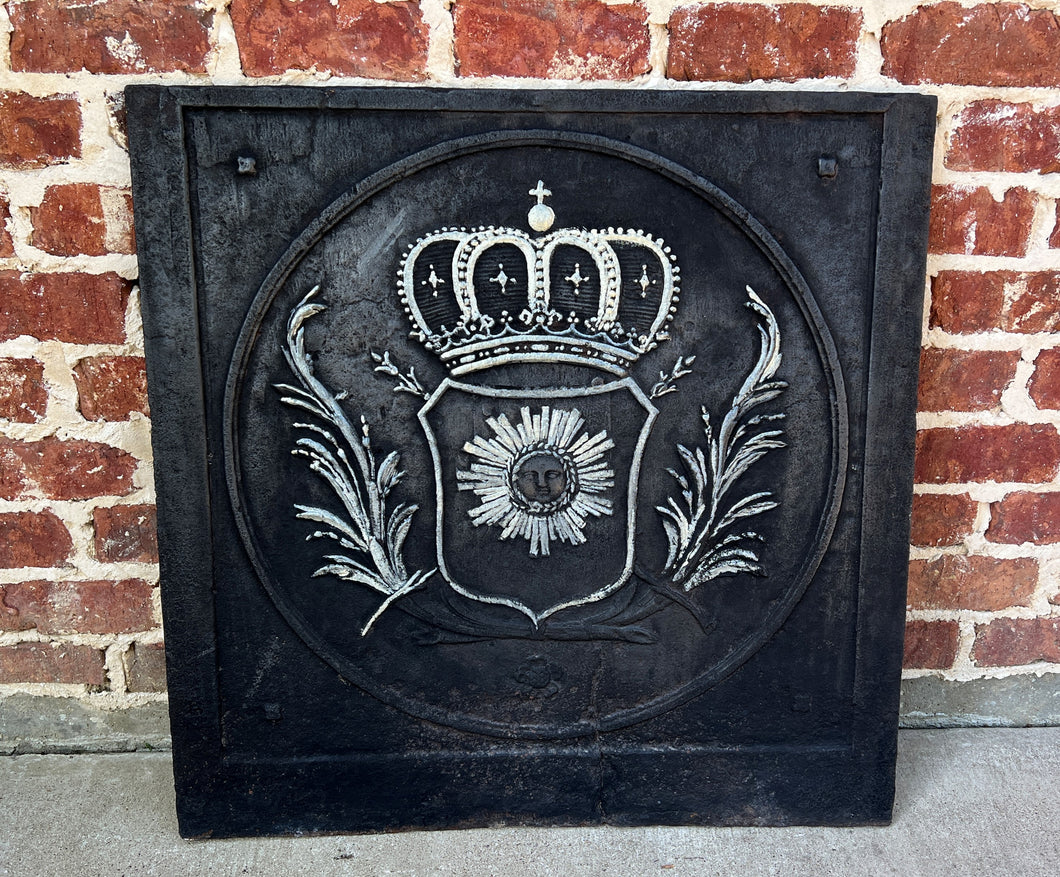 Antique French Cast Iron Fireback Fireplace Hearth Crown Armorial Coat of Arms