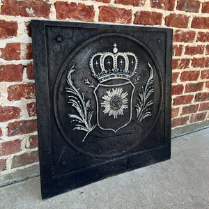 Antique French Cast Iron Fireback Fireplace Hearth Crown Armorial Coat of Arms