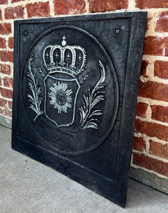 Antique French Cast Iron Fireback Fireplace Hearth Crown Armorial Coat of Arms