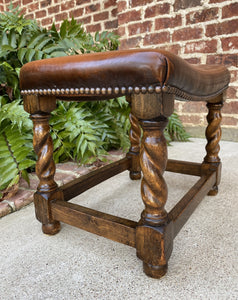 Antique English Stool Footstool Bench Barley Twist Leather Oak