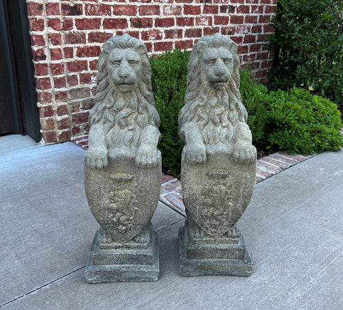 Vintage English Statues Garden Figures LIONS Shield Cast Stone PAIR 32