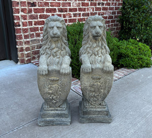 Vintage English Statues Garden Figures LIONS Shield Cast Stone PAIR 32" #2