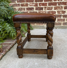 Load image into Gallery viewer, Antique English Stool Footstool Bench Barley Twist Leather Oak