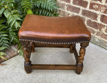 Load image into Gallery viewer, Antique English Stool Footstool Bench Barley Twist Leather Oak