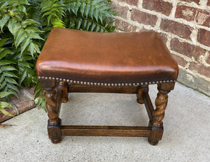 Antique English Stool Footstool Bench Barley Twist Leather Oak