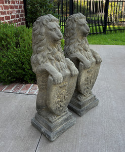 Vintage English Statues Garden Figures LIONS Shield Cast Stone PAIR 32" #2